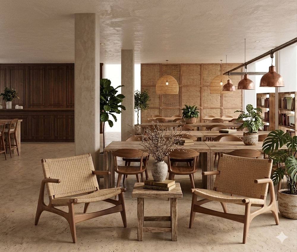 Villa María La Planicie reading lounge and communal tables