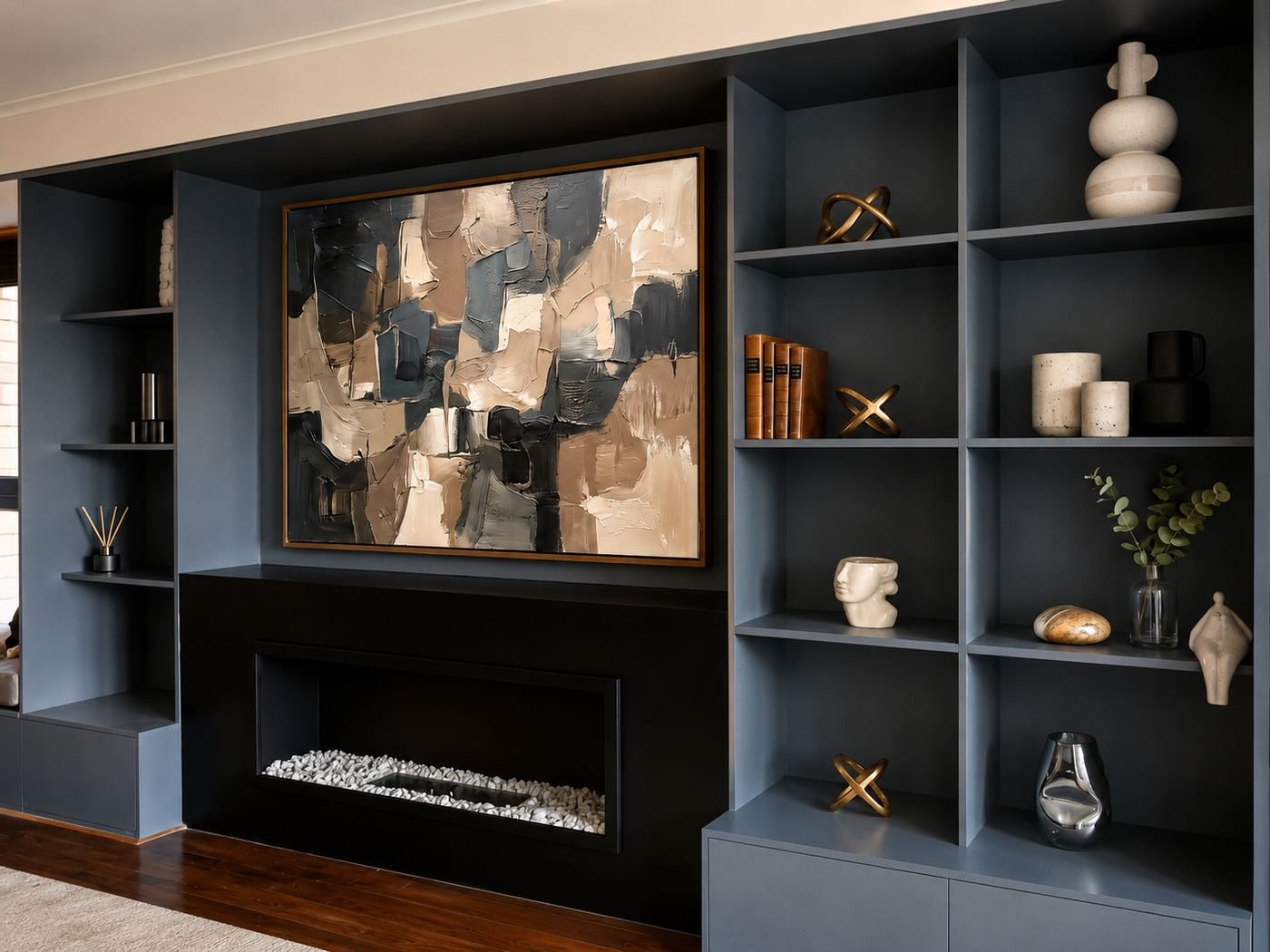 Azul Loft living room shelving and fireplace