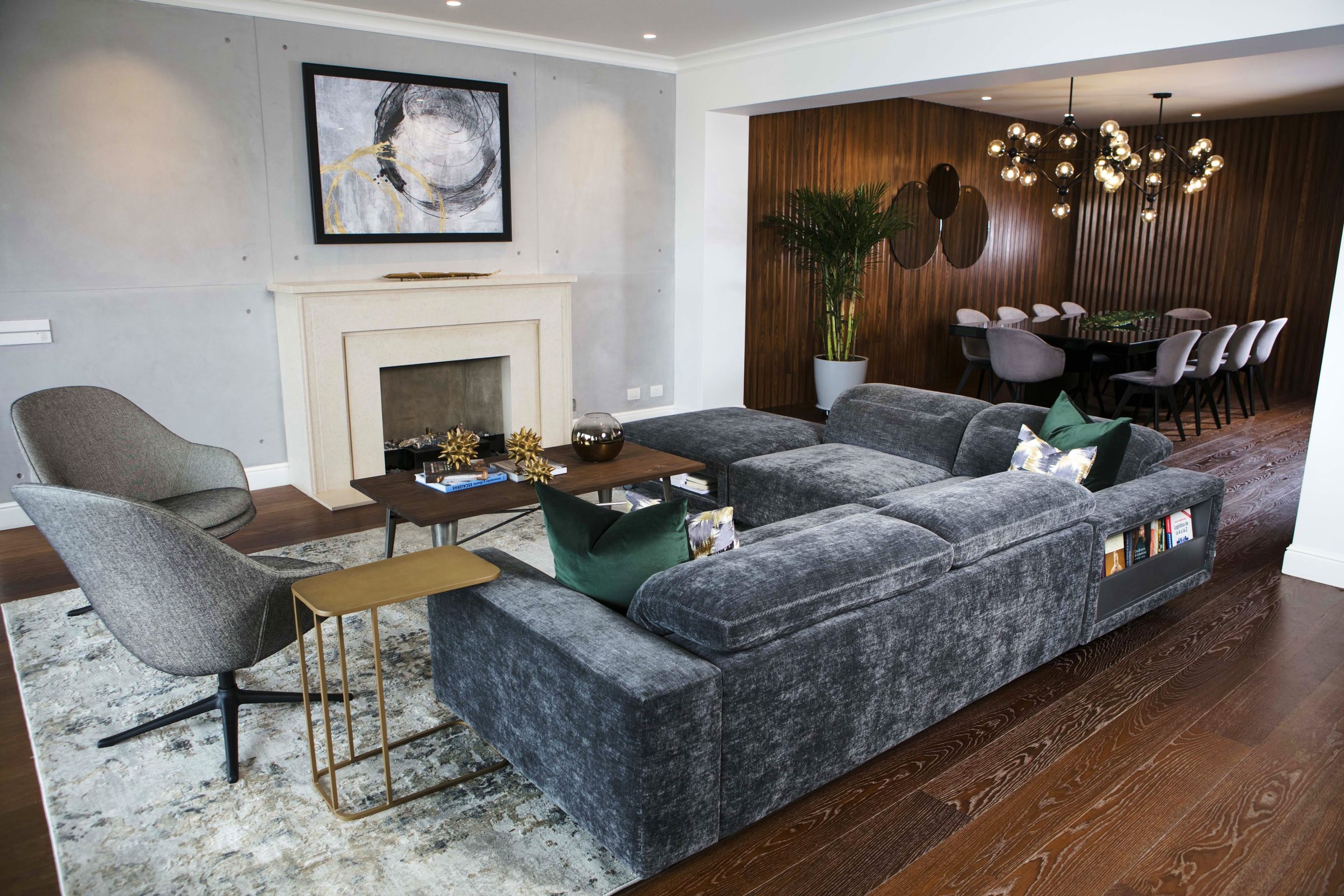 Pezet 01 living room sectional and fireplace