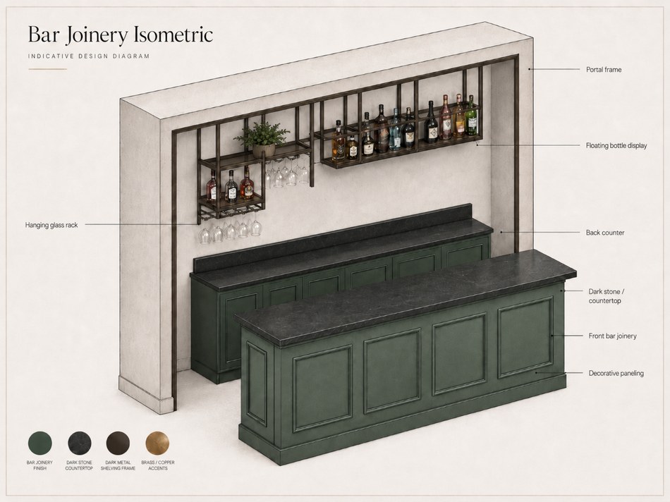 Full interior design bar joinery isometric diagram